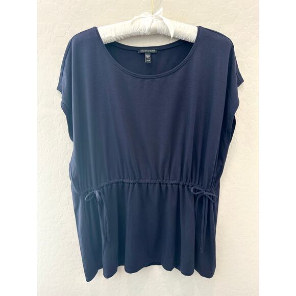 EILEEN FISHER | Navy Blue Cap Sleeve Drawstring Tencel Lyocell Top | XL - Picture 1 of 6